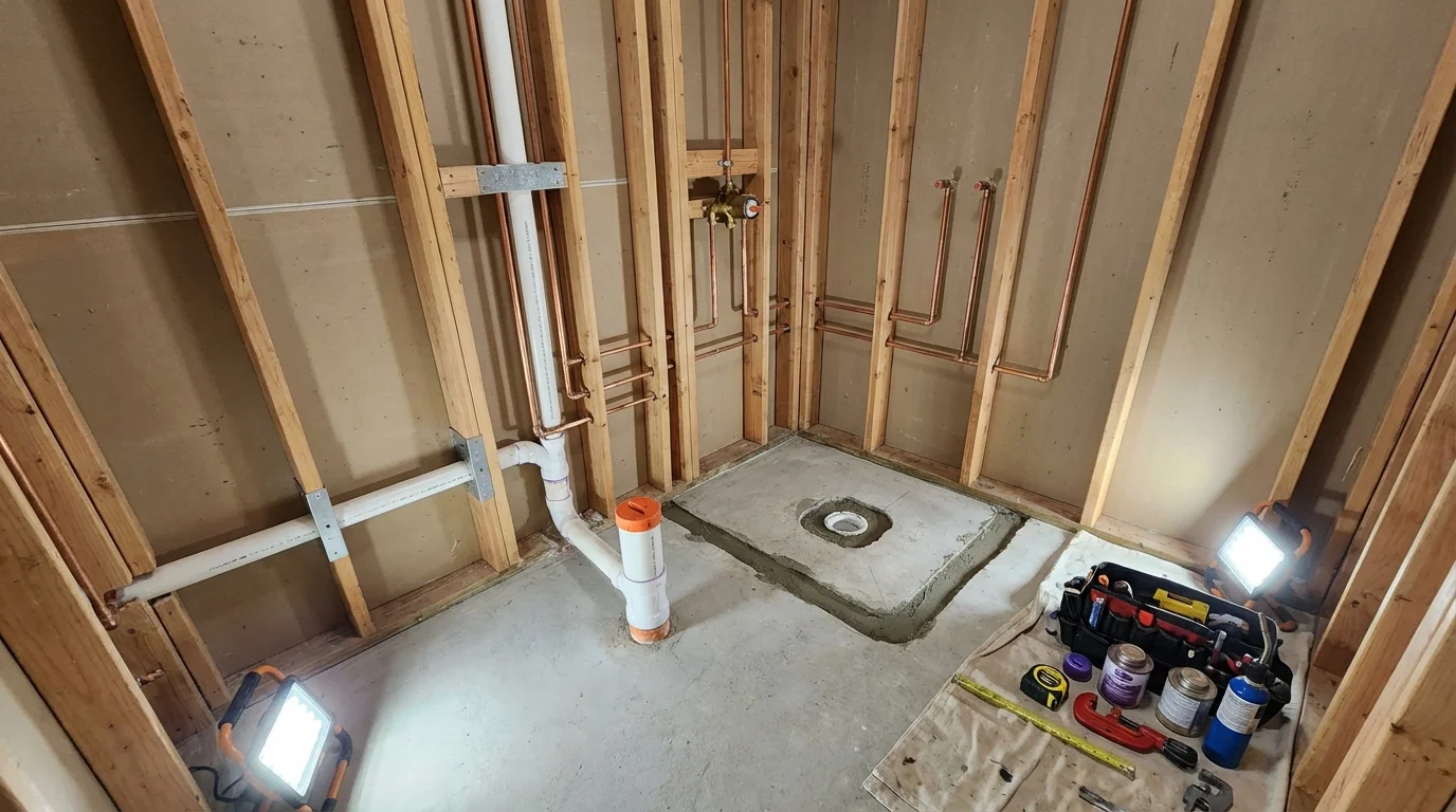 Bathroom rough-in plumbing during remodel by Johns Plumbing LLC in Owings Mills