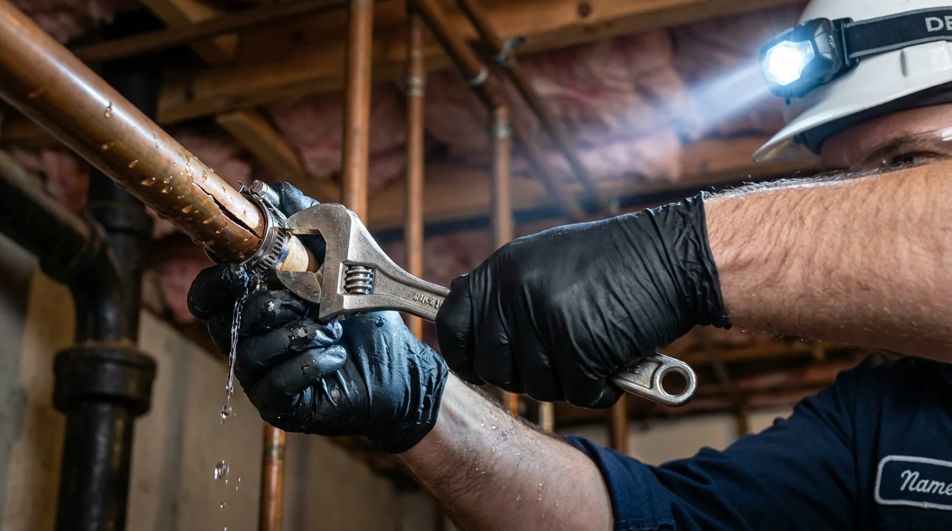 Emergency pipe clamp repair being performed by a Johns Plumbing LLC plumber in Owings Mills