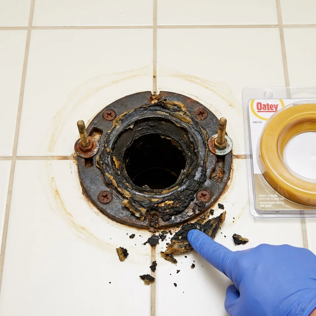 Failed wax ring showing water seepage at the base of a toilet in a Owings Mills, MD home