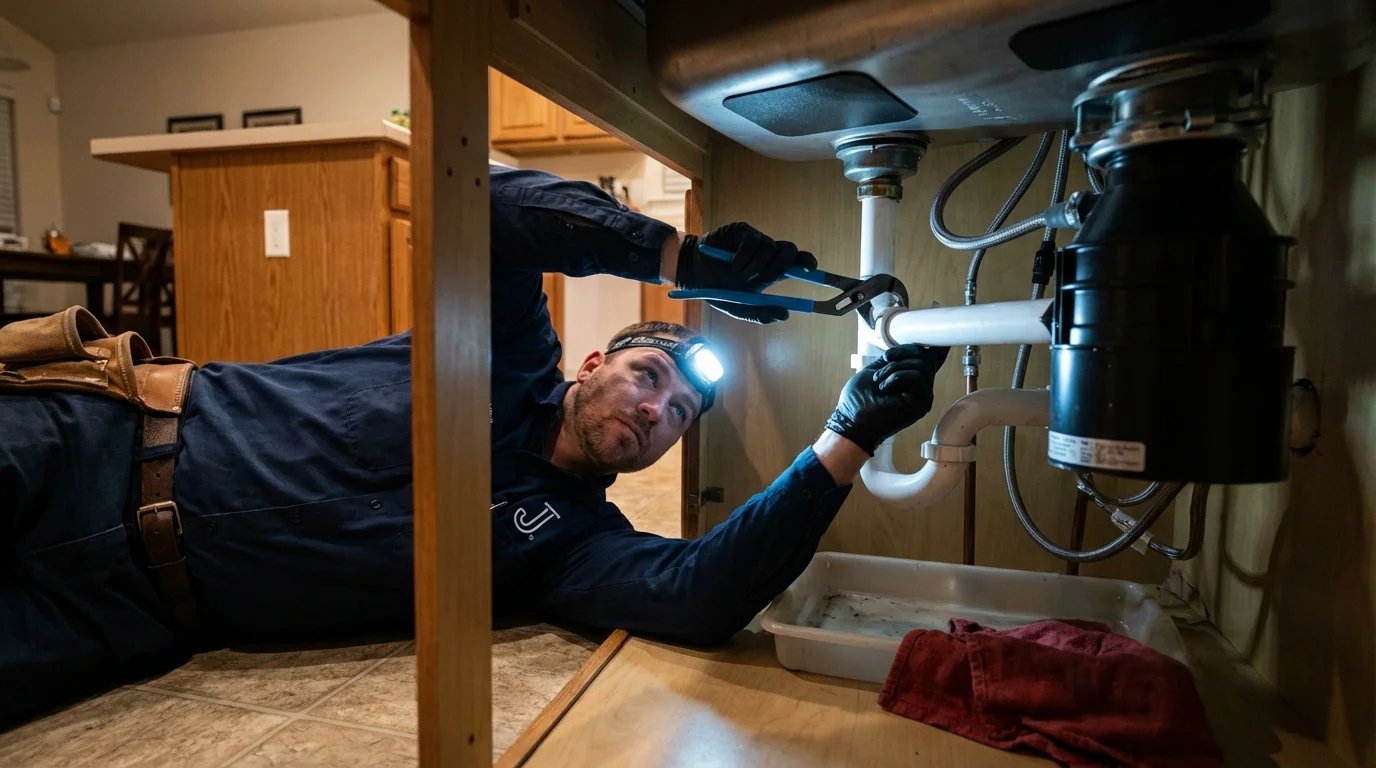 P-trap and supply line connections under a kitchen sink showing a common leak point in Owings Mills, MD